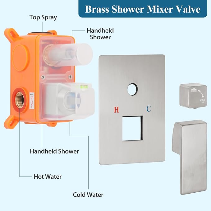 Brushed Nickel Square Rainfall Shower Head Set with Handheld, 10" | 10 Inch Square Head, With Shower Valve, Rustproof Brushed Nickel, High Pressure Raindrop