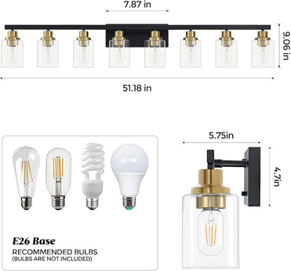8-Light Bathroom Light Fixture Black and Gold Vanity Lights,52" | Vanity Lights for Bathroom,Clear Glass Shade,over Mirror,Modern Wall Sconces Farmhous Wall Mounted for Bathroom,E26 Base
