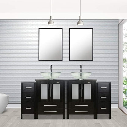 eclife 72" Modern Bathroom Vanity Sink Combo Freestanding Cabinet with Small Side Cabinet, Clear Round Glass Vessel Sink, Water Save Faucet, Drain (Black+A16)