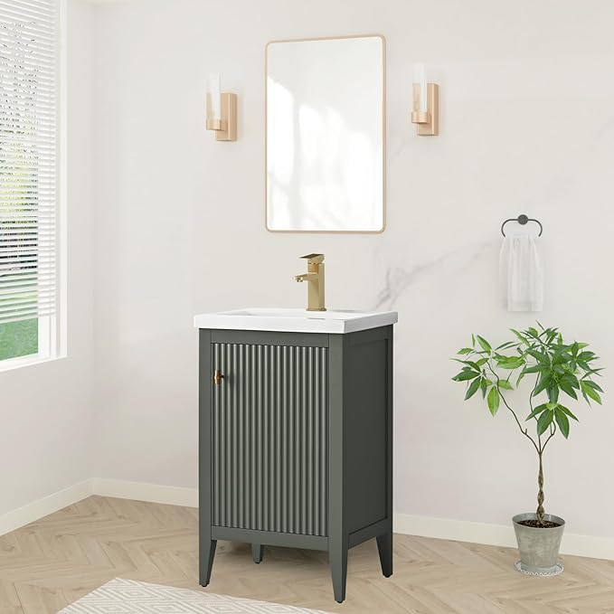 HOMEBEYOND 20" Bathroom Vanity with Ceramic Sink, Solid Wood Free-Standing Vanities Cabinet, Ceramic Top, Golden Brushed Hardware & Soft Closing Door, Vintage Green