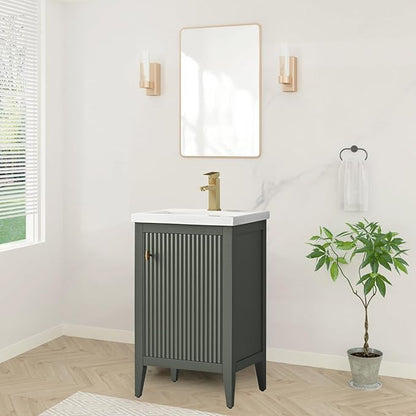 HOMEBEYOND 20" Bathroom Vanity with Ceramic Sink, Solid Wood Free-Standing Vanities Cabinet, Ceramic Top, Golden Brushed Hardware & Soft Closing Door, Vintage Green