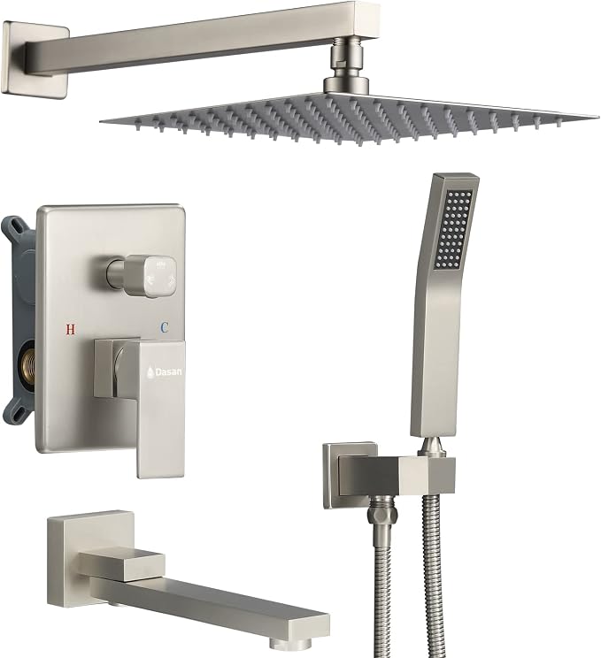 DASAN Tub Shower Faucets Sets Complete Brushed Nickel Bathtub Shower System with Tub Spout, Bathtub Faucet Set Tub and Shower Faucet Combo Trim Kit with Rough-in Valve, DA-SS03BN-S10W