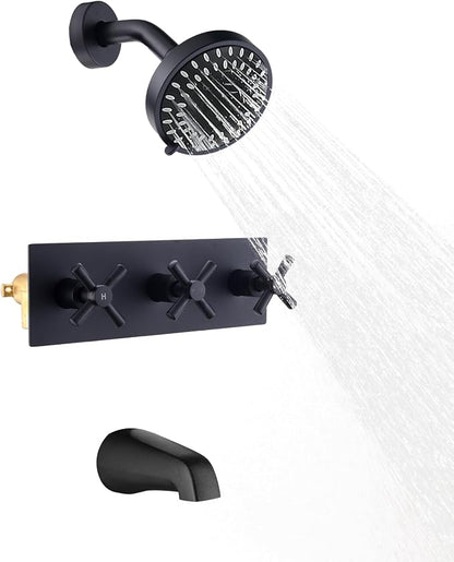 3 Handle Tub Shower Faucet Matte Black Shower Tub Faucet Set | 3 Knob Bathtub Shower Faucets Sets Complete for Bathroom Shower Trim Kit with Rough-in Valve