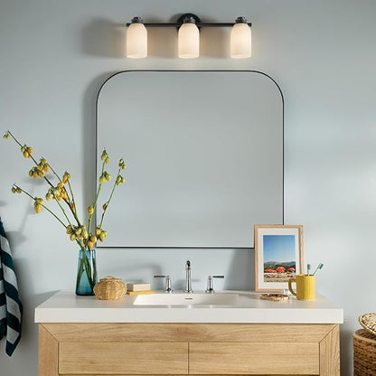 Kichler Shae 24.25" 3-Light Vanity Light with White Opal Glass in Black, for Bathroom Vanity, Powder Room, Over a Mirror, (24.25" W x 9" H), 55202BK