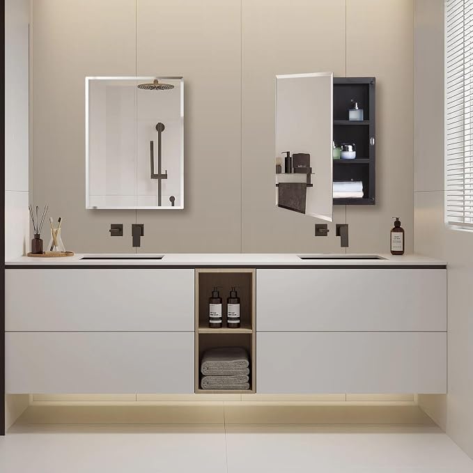 Black Plastic Bathroom Medicine Mirror Cabinet Beveled Edge, 16 x 20 inch, Surface and Recessed Mount