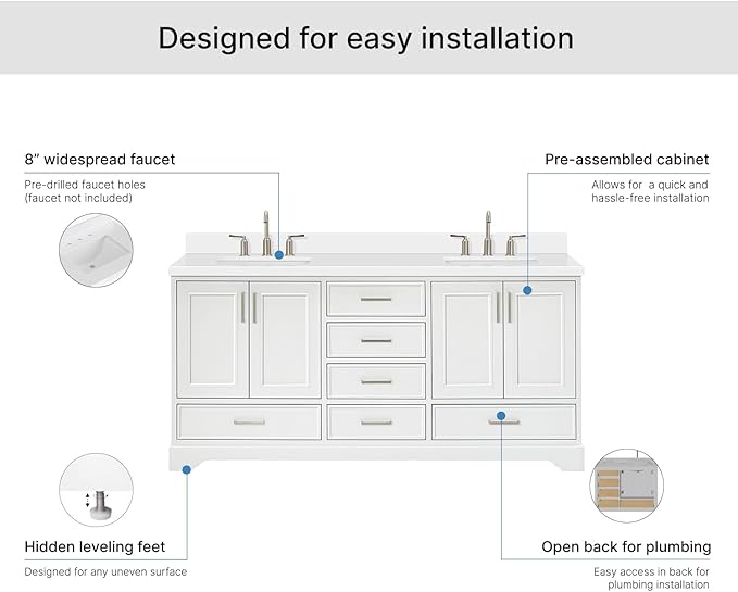 ARIEL Stafford 72-inch Bathroom Vanity with Sink,Solid Wood, 1.5-inch Pure White Quartz Countertop & Backsplash, Double Rectangular Porcelain Sink, 4 Soft Closing Doors, 6 Dovetail Drawers, White