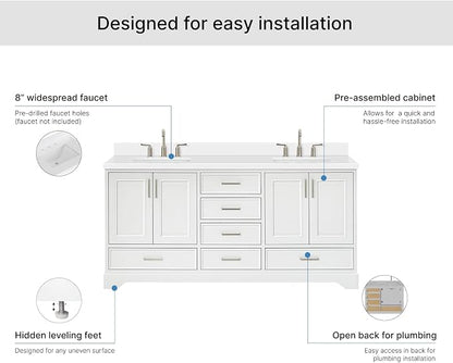 Langford 72-inch White Bathroom Vanity with Left & Right Rectangle Double Sinks, Pure White Quartz Countertop & Backsplash, Solid Wood Frame, Soft-Closing & Dovetail Drawers