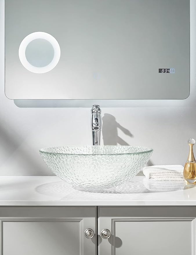 Pearl Series Glass Vessel Sink In Ice Top Raindrop Mount Sinks Above Countertop | Vanity Countertop Clear Transparent Sink Bowl with Pop Up Drain | FW-LA623