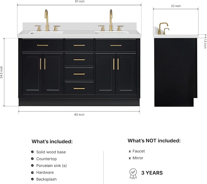 ARIEL Hepburn 60-inch Bathroom Vanity with Sink,Solid Wood, 1.5-inch Pure White Quartz Countertop & Backsplash, Double Rectangular Porcelain Sink, 4 Soft Closing Doors, 6 Dovetail Drawers, Black