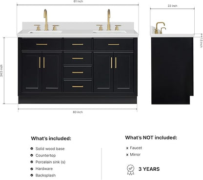ARIEL Hepburn 60-inch Bathroom Vanity with Sink,Solid Wood, 1.5-inch Pure White Quartz Countertop & Backsplash, Double Rectangular Porcelain Sink, 4 Soft Closing Doors, 6 Dovetail Drawers, Black