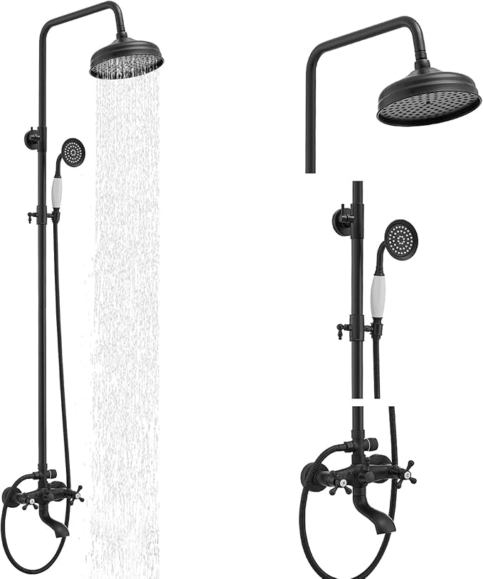 BWE Exposed Bathroom Shower Faucet Set Black Bathroom Shower Faucet Triple Functions 8 Inch Rainfall Shower Head Handheld Spray with Tub Spout Exposed Shower System Double Handle