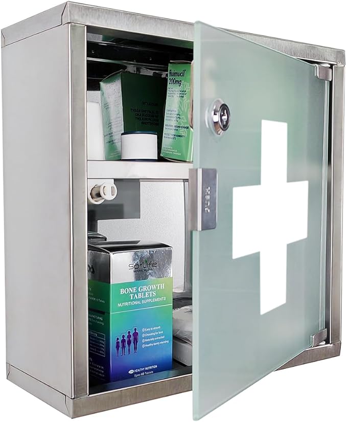 Locking Stainless Steel Medicine Cabinet, 2 Tier Wall Mounted Storage Cabinet, Durable Stainless Steel, Surface or Flush Mount, Ideal for Home, Office or First Aid, 11.8 in. x 4.7 in. x 11.8 in