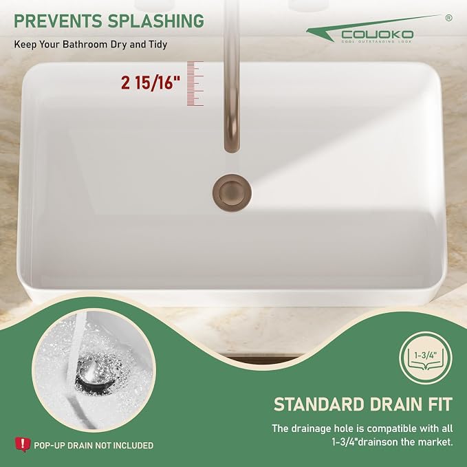 24 Inch White Rectangle Vessel Bathroom Sink | Ceramic, Above Counter, Rectangular Shape, Easy to Clean, Recommended Installation, Ideal for Bathroom, Lavatory, Vanity