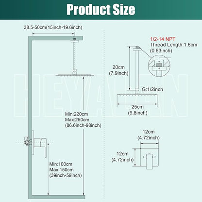 Heyalan 10-Inch Ceiling Mount Shower Faucet Set with Valve, Brushed Gold | Rainfall shower head, ceiling-mount design, SUS304 steel, adjustable angle, single-handle control