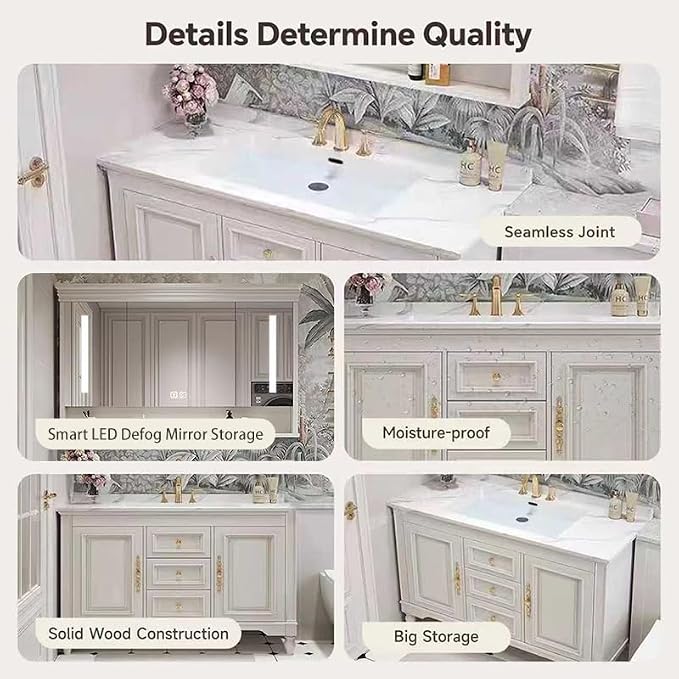 American Minimalist Bathroom Vanity with Sink Mirror 36-92IN, Premium Solid Wood Vanity with LED Lighting& Defogging