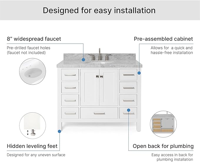 ARIEL Cambridge 42-inch Bathroom Vanity with Sink,Solid Wood, 1.5-inch Italian Carrara Marble Countertop & Backsplash, Single Oval Porcelain Sink, 2 Soft Closing Doors, 9 Dovetail Drawers, White