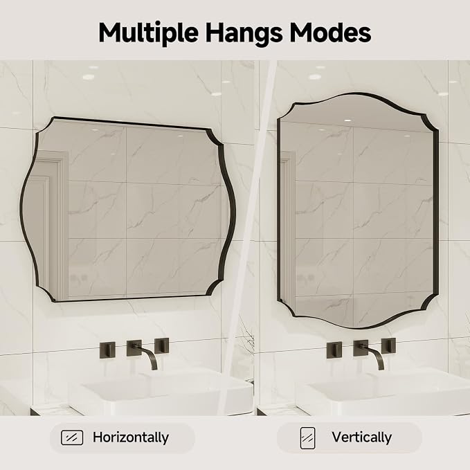 Black Vanity Wall Mirror 32"x24", Scalloped Edge Bathroom Mirror | Rust-Proof Metal Frame, Hangs Vertically/Horizontally, Decorative Bathroom Mirror, For Vanity, Bedroom & Entryway