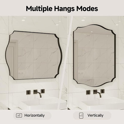 Black Vanity Wall Mirror 39"x29", Scalloped Edge Bathroom Mirror | Rust-Proof Metal Frame, Hangs Vertically/Horizontally, Decorative Bathroom Mirror, For Vanity, Bedroom & Entryway