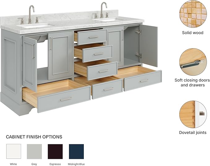 ARIEL Stafford 72-inch Bathroom Vanity with Sink,Solid Wood, 1.5-inch Italian Carrara Marble Countertop, Double Rectangular Porcelain Sink, 4 Soft Closing Doors, 6 Dovetail Drawers, Grey