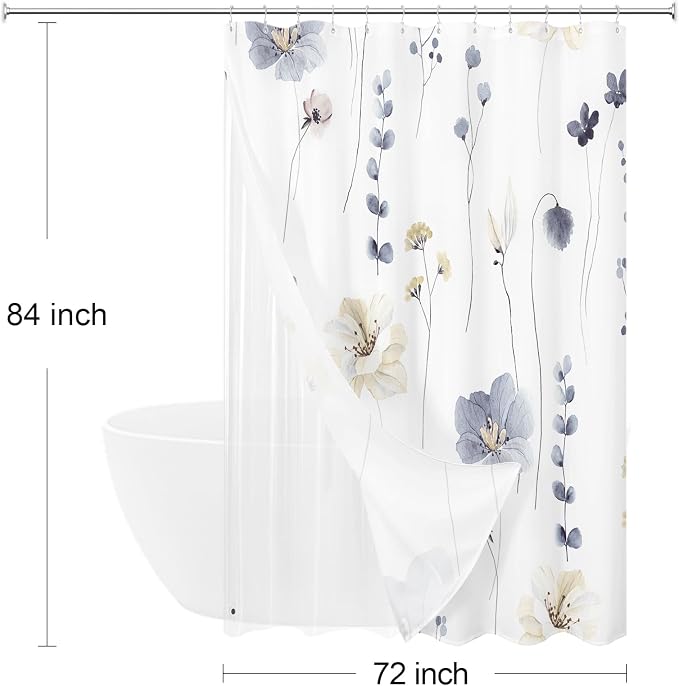Extra Long 3 in 1 Shower Curtain Set, 72x84 | Extra Long 3 in 1 Shower Curtain Set, PEVA Liner Set & 12 Double Sided Steel Hooks, Waterproof Fabric Bathroom Curtain