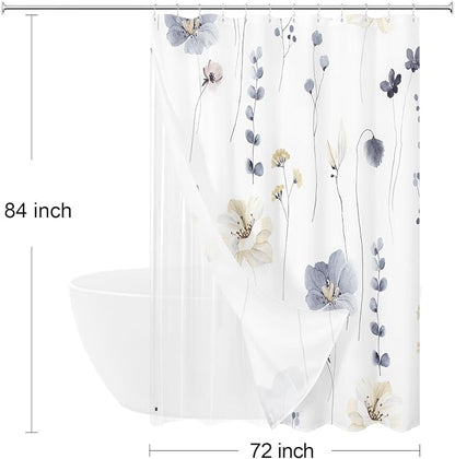 Extra Long 3 in 1 Shower Curtain Set, 72x84 | Extra Long 3 in 1 Shower Curtain Set, PEVA Liner Set & 12 Double Sided Steel Hooks, Waterproof Fabric Bathroom Curtain