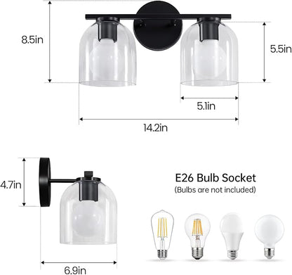 WOSHITU Bathroom Vanity Light Fixtures: 14.2 Inch Modern Black Vanity Lighting Fixtures Over Mirror with Clear Glass Shade, Matte Black 2 Light Fixtures for Bathroom Above Mirror, Wall Mount Sconces