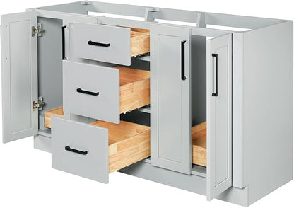 ARIEL Loren 60-inch Bathroom Vanity Base Cabinet,Solid Wood, 4 Soft Closing Doors, 3 Dovetail Drawers, Grey
