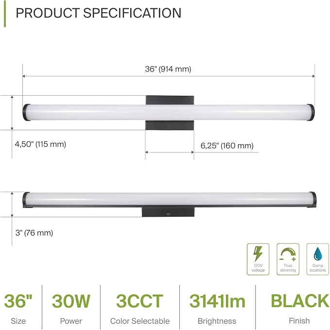 ASD 36" LED Linear Vanity Light Fixture, Modern Bathroom Sconce — 3 Color 3000K-5000K, Dimmable, 30W 2100LM, Energy Star & ETL Listed — Over Mirror Makeup Bar for Bedroom, Cabinets — Black, 4 Pack