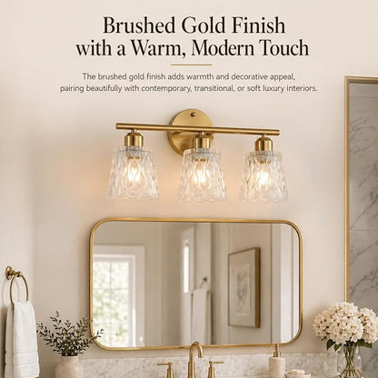 Brushed Gold Bathroom Vanity Light Over Mirror, 3-Light Stainless Steel Bathroom Fixture with Textured Glass Shades, Modern Wall Mount Vanity Lighting, E26 Sockets (Bulbs Not Included)