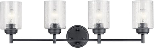 Kichler Winslow 30" 4-Light Vanity Light in a Rich Black with Clear Seeded Glass for Bathroom and Powder Room Vanity, Luxe Industrial Style, (30" x 9.25"), 45887BK
