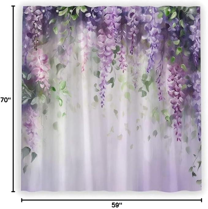 Purple Floral Lavender Flower Shower Curtain Spring Watercolor Weeping Wisteria Blossom Vine Leaves on Blurred Background with Dreamy Colors Girl Woman Bathroom Decor Set Polyester Curtains with Hooks