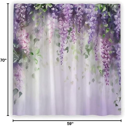 Purple Floral Lavender Flower Shower Curtain Spring Watercolor Weeping Wisteria Blossom Vine Leaves on Blurred Background with Dreamy Colors Girl Woman Bathroom Decor Set Polyester Curtains with Hooks