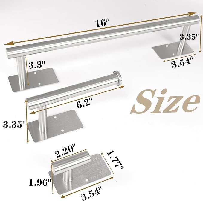 5 PCS Self Adhesive Bathroom Hardware Set,Stainless Steel Towel Rack Set Include 16In Bath Towel Bar+Toilet Paper Holder+3 Towel/Robe Hooks Wall Mounted Bathroom Accessory Kit(Brushed Nickel)
