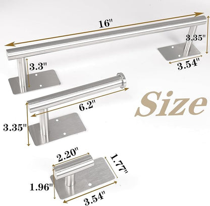 5 PCS Self Adhesive Bathroom Hardware Set,Stainless Steel Towel Rack Set Include 16In Bath Towel Bar+Toilet Paper Holder+3 Towel/Robe Hooks Wall Mounted Bathroom Accessory Kit(Brushed Nickel)