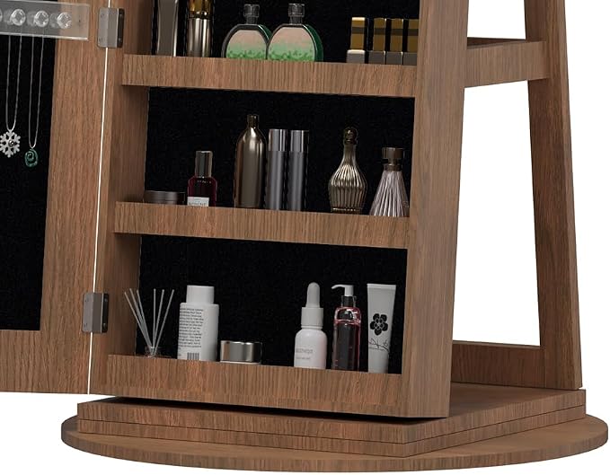 Dancongtea 360° Swivel Jewelry Cabinet with Full Length Mirror, Rotating Standing Armoire Organizer, Lockable Storage, Interior Lighted Mirror, Light Walnut