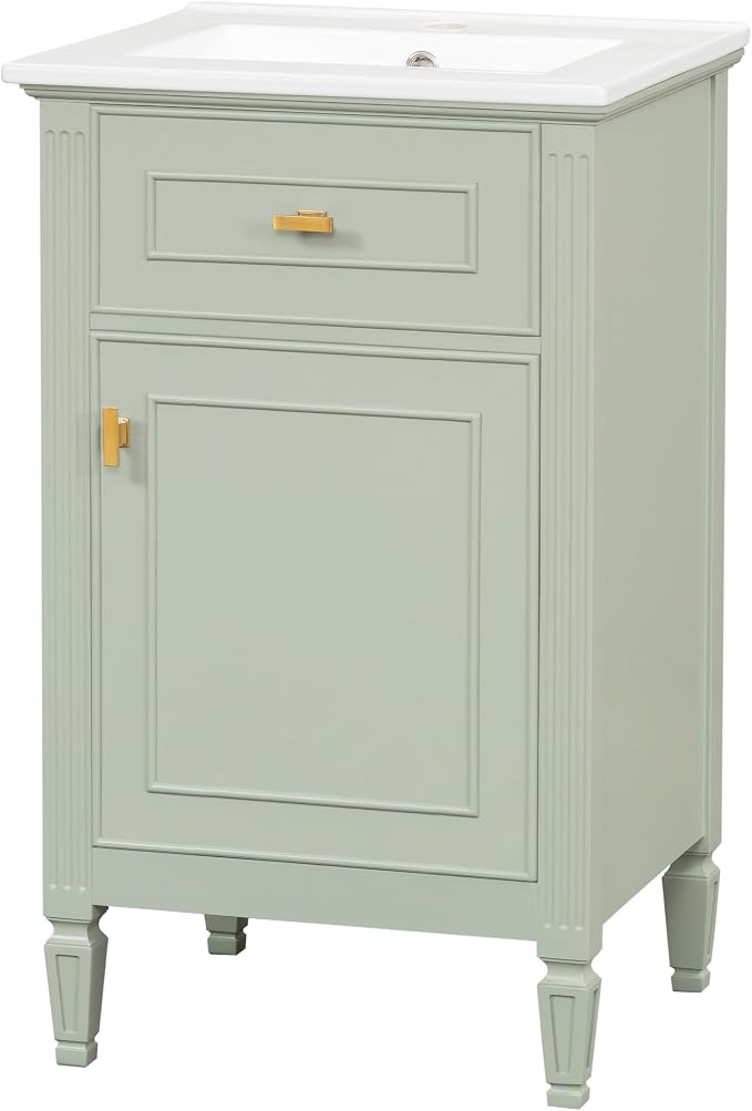 GDFStudio Hawthorne 20" Modern Bathroom Vanity with Sink, Freestanding Bathroom Vanity Organizer with Tilt Out Drawer, Adjustable Shelf and Solid Wood Legs, Single Sink Bathroom Vanity, Green