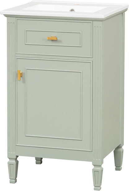 GDFStudio Hawthorne 20" Modern Bathroom Vanity with Sink, Freestanding Bathroom Vanity Organizer with Tilt Out Drawer, Adjustable Shelf and Solid Wood Legs, Single Sink Bathroom Vanity, Green