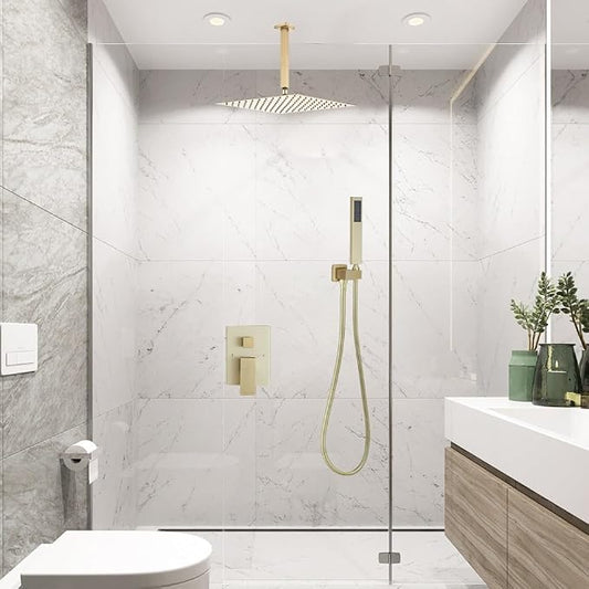 ‎Brushed Gold Shower System Bathroom 12 Inch Rain Shower Head Ceiling Mount with Handheld Luxury High Pressure Shower Combo Set Shower Faucet Rough-in Valve Body and Trim Kit