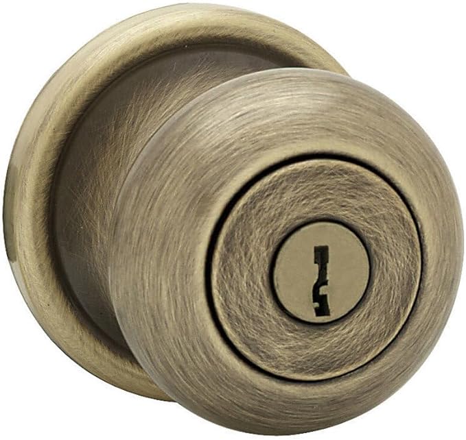 Kwikset Juno Entry Door Knob with Lock and Key, Secure Keyed Handle Exterior, Front Entrance and Bedroom, Antique Brass, Pick Resistant SmartKey Rekey Security and Microban