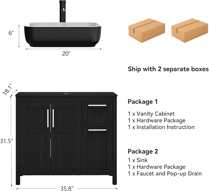YOURLITE 36" Bathroom Vanity with Sink, Black Bathroom Vanity Cabinet, Faucet & Pop Up Drain Set,Traditional Vanity with with White & Black Ceramic Sink