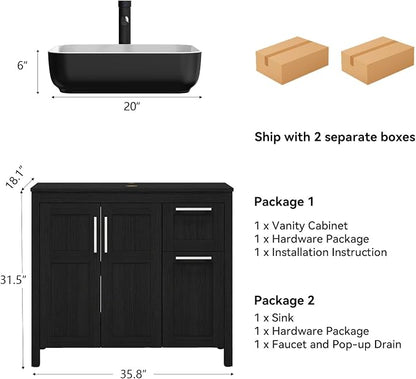 YOURLITE 36" Bathroom Vanity with Sink, Black Bathroom Vanity Cabinet, Faucet & Pop Up Drain Set,Traditional Vanity with with White & Black Ceramic Sink