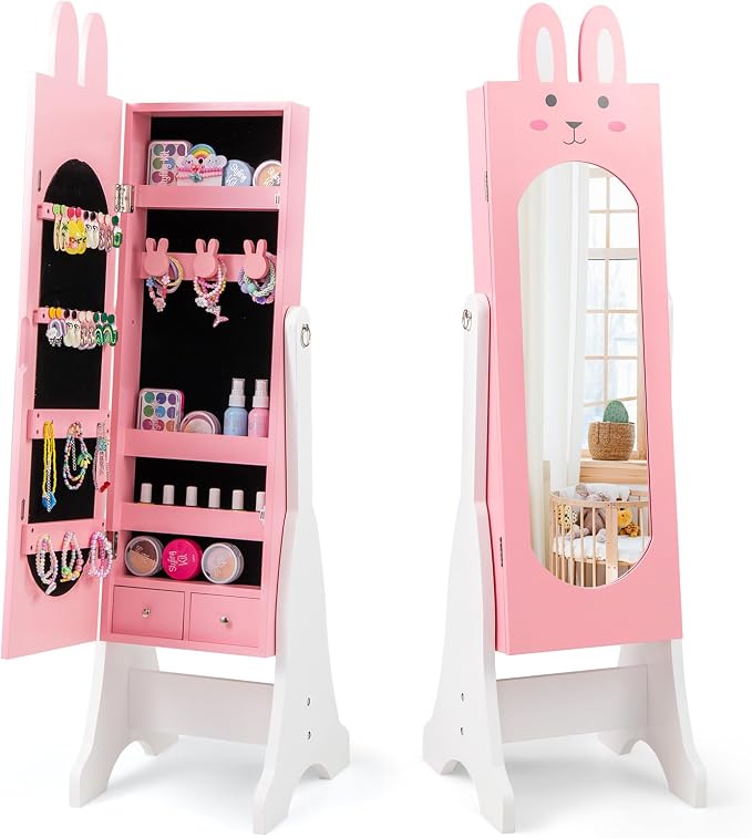 HONEY JOY Kids Jewelry Armoire Cabinet, Rabbit Themed Wooden Standing Jewelry Organizer w/Full-length Mirror and Storage Drawers, Children Dress Up Jewelry Cabinet for Little Girls (Pink)