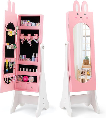 HONEY JOY Kids Jewelry Armoire Cabinet, Rabbit Themed Wooden Standing Jewelry Organizer w/Full-length Mirror and Storage Drawers, Children Dress Up Jewelry Cabinet for Little Girls (Pink)