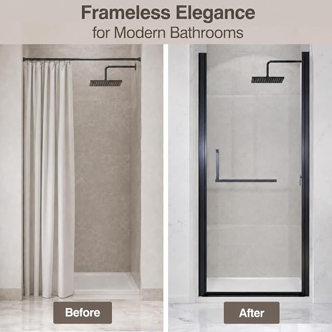 34-35.2" W x 72" H Single Frameless Pivot Swing Shower Door | 1/4" Clear SGCC Tempered Glass with a 30.2" walk-in opening, Matte Black Finish, Adjustable Width, Reversible Installation