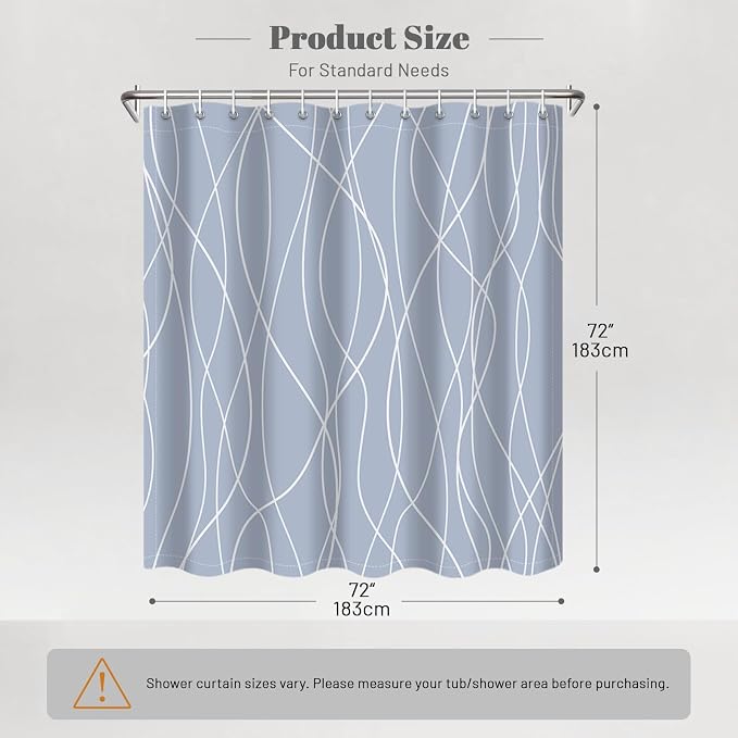 Striped Shower Curtain for Bathroom, Light Blue, 72" W x 72" L | with Hooks, Modern Hotel Style, Water Repellent, Washable, Weighted Hem