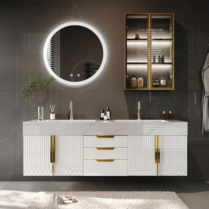 KunMai 59" White Floating Bathroom Vanity with Faux Marble Top, Double Ceramic Vessel Sinks, Wall-Mounted Design, 3 Drawers for Storage, Modern Bathroom Cabinet with Gold Hardware Finish