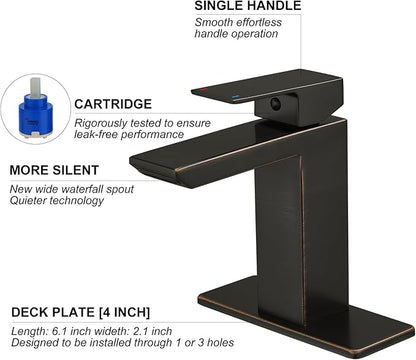 RUMOSE Oil Rubbed Bronze Bathroom Faucets Set with Pop Up Drain Single Handle Bathroom Sink Faucet 1 & 3 Hole Waterfall Spout Vanity Faucet Kit with Deck Plate Lavatory Basin Faucet, Stainless Steel