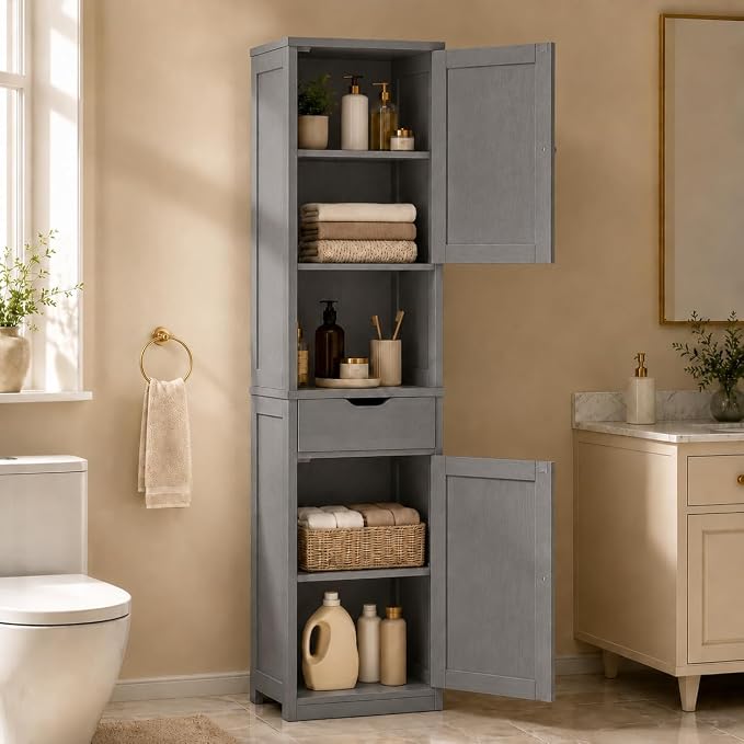 Walsunny Tall Bathroom Storage Cabinet with 6 Adjustable Shelves, Gray | Anti-Tip Safety, Waterproof MDF, 2 Doors + 1 Drawer, Easy Assembly, for Bathroom/Living Room/Kitchen