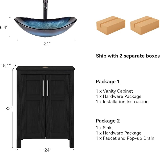 YOURLITE 24" Bathroom Vanity with Sink, Black Bathroom Vanity and Sink Combo with Faucet & Pop Up Drain Set,Traditional Vanity with Blue Glass Bowl Bathroom Sink