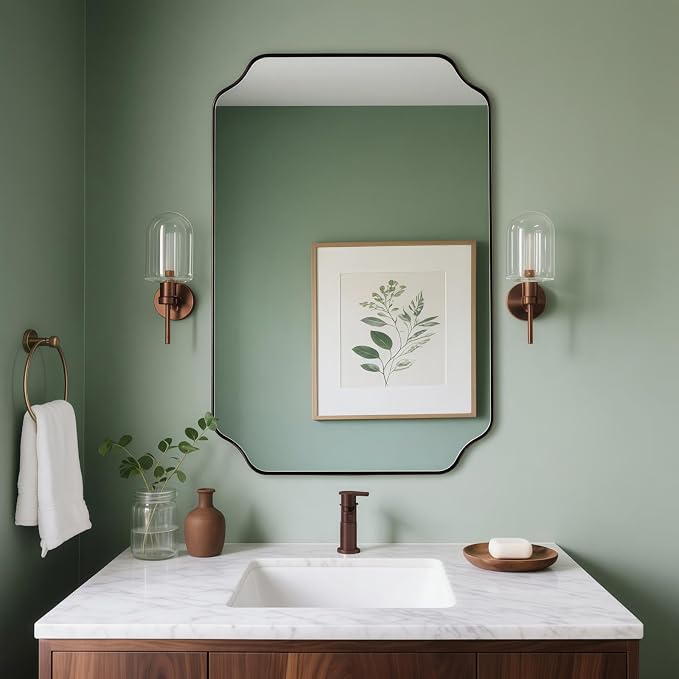 Bronze Bathroom Mirror, 24x36 Inch Brushed Bronze Rectangle Mirror, Scalloped Mirror for Bathroom with Premium Stainless Steel Metal Frame, Thin Frame Deep 1’’